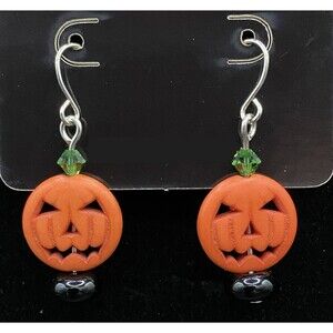 Handmade Jack-O-Lantern Pumpkin Green Crystal Black Glass Earrings by Neanie-Bot